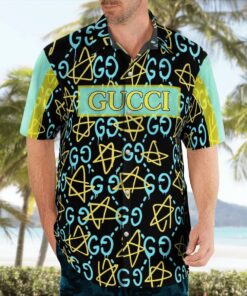 gucci light blue yellow pattern black luxury brand premium fashion hawaii shirt for men PEA31226