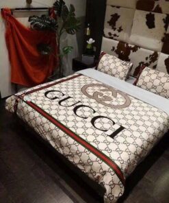 Luxury G Big Logo In Monogram Background With Vintage Web Bedding Set