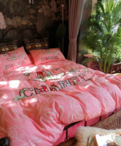 Chanel Cute Pink Floral Logo Bedding Set Queen