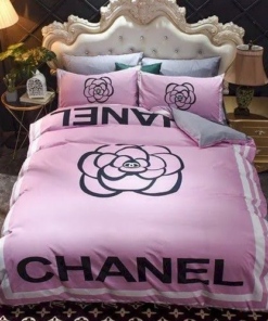 Chanel Black Signature Flower in Pink Background Bedding Set Queen