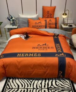 Orange And Dark Blue Hermes Bedding Set