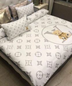 Teddy X Grey Monogram  In White Background Bedding Set