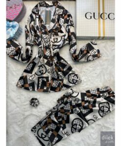 SATIN PYJAMAS IN WHITE WITH BLACK & BROWN PATTERNS