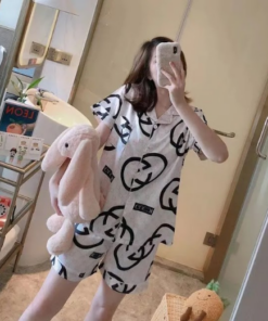 SHORT PYJAMAS SET IN WHITE WITH BLACK PATTERNS FOR WOMEN