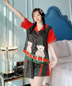 SHORT PYJAMAS SET IN BLACK WITH TEDDY BEAR FOR WOMEN